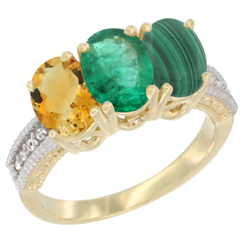 10K Yellow Gold Diamond Natural Citrine, Emerald & Malachite Ring 3-Stone 7x5 mm Oval, sizes 5 - 10