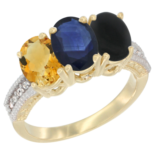 10K Yellow Gold Diamond Natural Citrine, Blue Sapphire & Black Onyx Ring 3-Stone 7x5 mm Oval, sizes 5 - 10