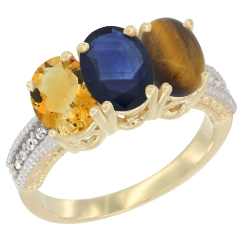 10K Yellow Gold Diamond Natural Citrine, Blue Sapphire & Tiger Eye Ring 3-Stone 7x5 mm Oval, sizes 5 - 10