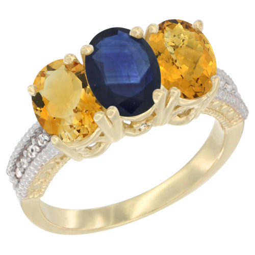 10K Yellow Gold Diamond Natural Citrine, Blue Sapphire & Whisky Quartz Ring 3-Stone 7x5 mm Oval, sizes 5 - 10