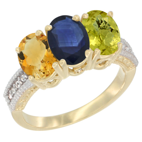10K Yellow Gold Diamond Natural Citrine, Blue Sapphire & Lemon Quartz Ring 3-Stone 7x5 mm Oval, sizes 5 - 10
