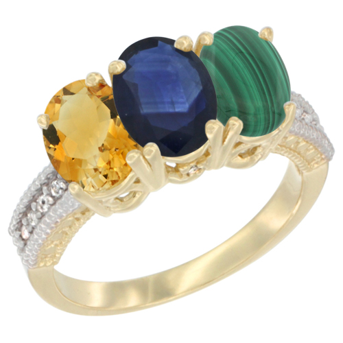 10K Yellow Gold Diamond Natural Citrine, Blue Sapphire & Malachite Ring 3-Stone 7x5 mm Oval, sizes 5 - 10