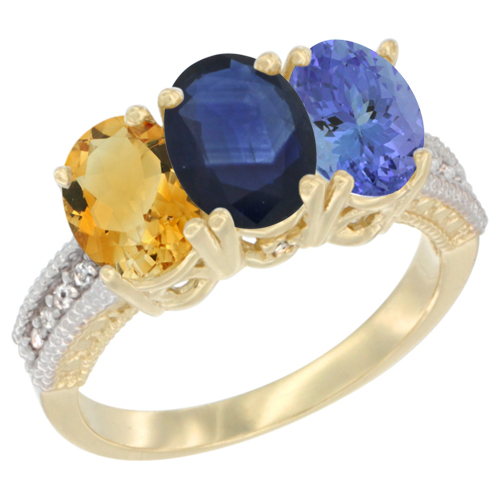 10K Yellow Gold Diamond Natural Citrine, Blue Sapphire & Tanzanite Ring 3-Stone 7x5 mm Oval, sizes 5 - 10