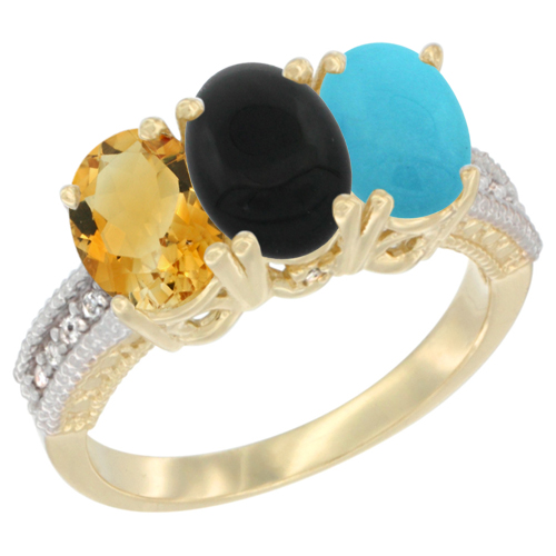 10K Yellow Gold Diamond Natural Citrine, Black Onyx & Turquoise Ring 3-Stone 7x5 mm Oval, sizes 5 - 10