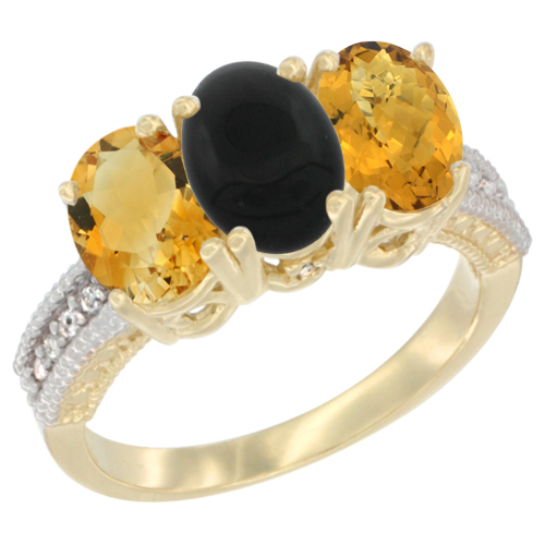 10K Yellow Gold Diamond Natural Citrine, Black Onyx & Whisky Quartz Ring 3-Stone 7x5 mm Oval, sizes 5 - 10