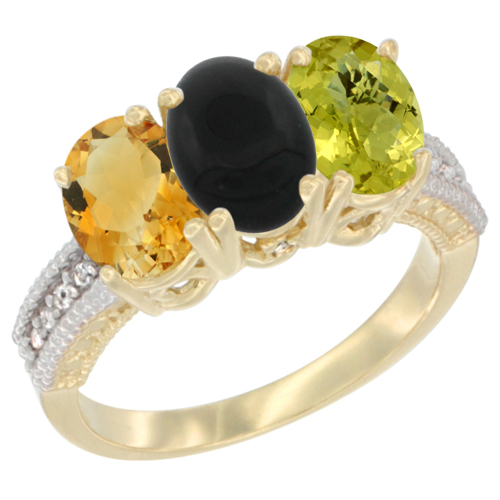 10K Yellow Gold Diamond Natural Citrine, Black Onyx & Lemon Quartz Ring 3-Stone 7x5 mm Oval, sizes 5 - 10