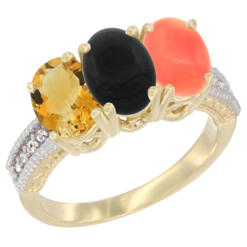 10K Yellow Gold Diamond Natural Citrine, Black Onyx & Coral Ring 3-Stone 7x5 mm Oval, sizes 5 - 10