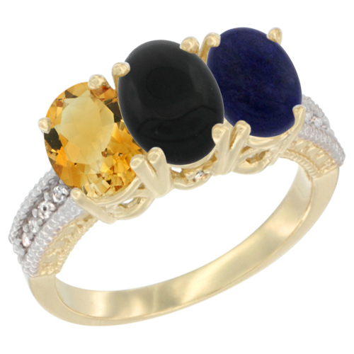 10K Yellow Gold Diamond Natural Citrine, Black Onyx & Lapis Ring 3-Stone 7x5 mm Oval, sizes 5 - 10