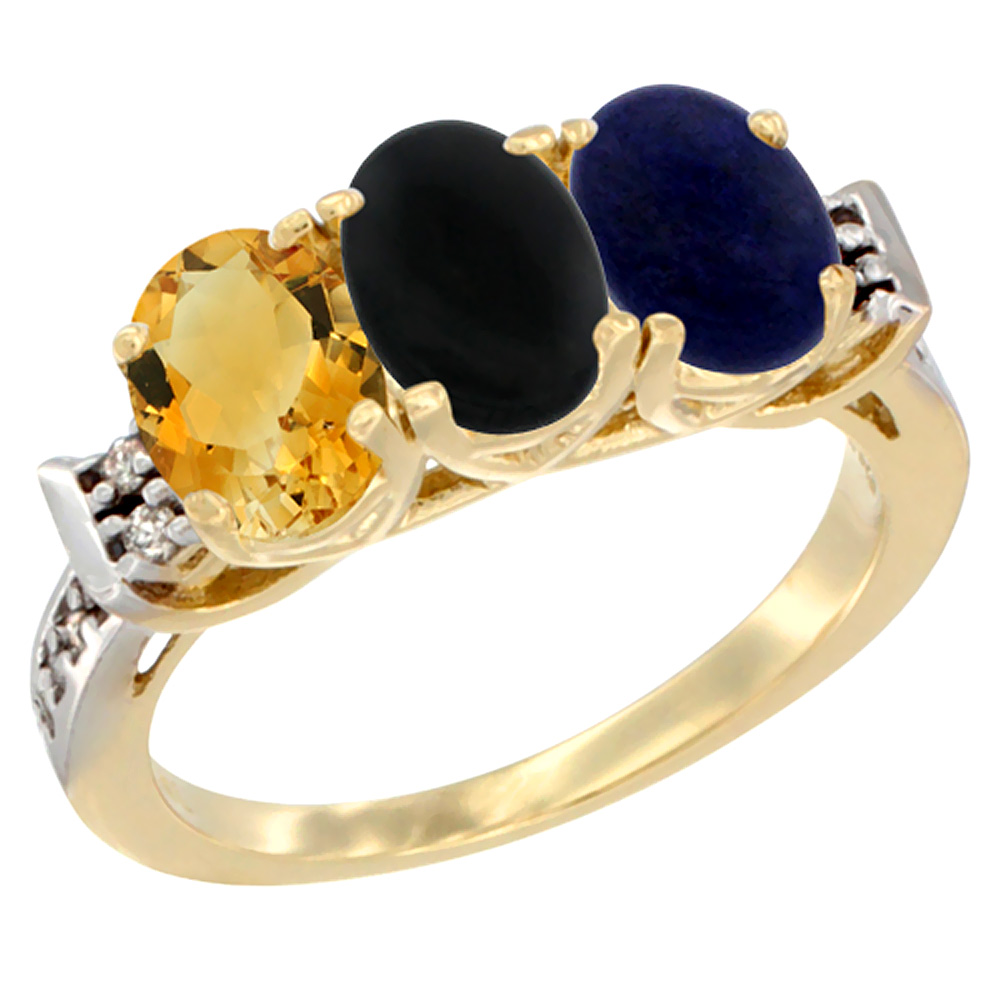 10K Yellow Gold Natural Citrine, Black Onyx & Lapis Ring 3-Stone Oval 7x5 mm Diamond Accent, sizes 5 - 10