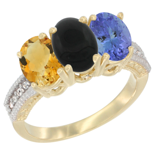 10K Yellow Gold Diamond Natural Citrine, Black Onyx & Tanzanite Ring 3-Stone 7x5 mm Oval, sizes 5 - 10