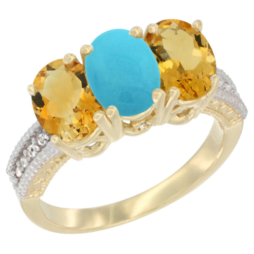 14K Yellow Gold Natural Turquoise & Citrine Sides Ring 3-Stone 7x5 mm Oval Diamond Accent, sizes 5 - 10