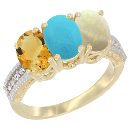 14K Yellow Gold Natural Citrine, Turquoise & Opal Ring 3-Stone 7x5 mm Oval Diamond Accent, sizes 5 - 10