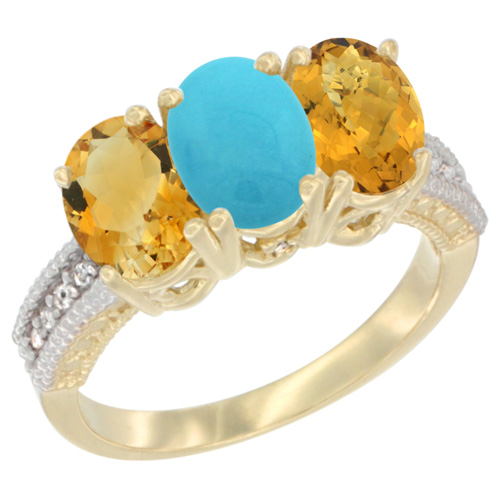 10K Yellow Gold Diamond Natural Citrine, Turquoise & Whisky Quartz Ring 3-Stone 7x5 mm Oval, sizes 5 - 10