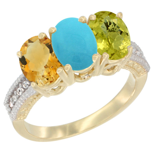 10K Yellow Gold Diamond Natural Citrine, Turquoise & Lemon Quartz Ring 3-Stone 7x5 mm Oval, sizes 5 - 10