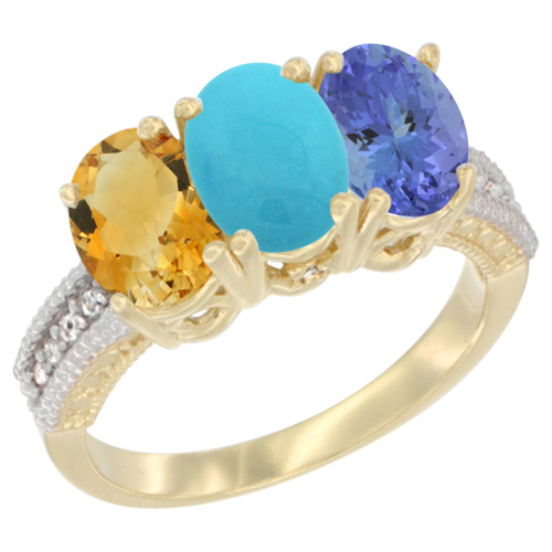 10K Yellow Gold Diamond Natural Citrine, Turquoise & Tanzanite Ring 3-Stone 7x5 mm Oval, sizes 5 - 10
