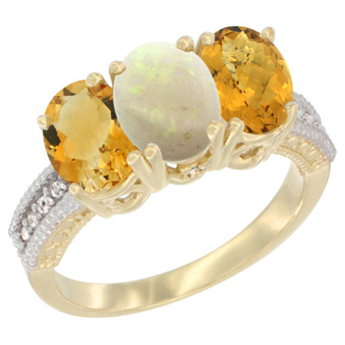 14K Yellow Gold Natural Citrine, Opal & Whisky Quartz Ring 3-Stone 7x5 mm Oval Diamond Accent, sizes 5 - 10