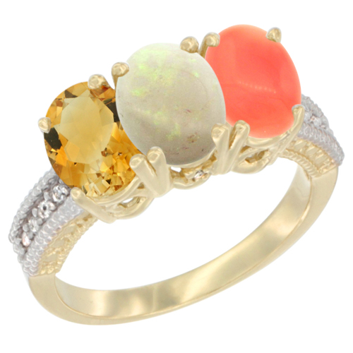 14K Yellow Gold Natural Citrine, Opal & Coral Ring 3-Stone 7x5 mm Oval Diamond Accent, sizes 5 - 10