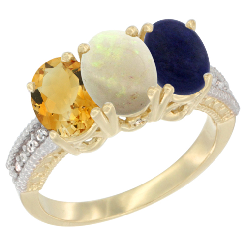 14K Yellow Gold Natural Citrine, Opal & Lapis Ring 3-Stone 7x5 mm Oval Diamond Accent, sizes 5 - 10