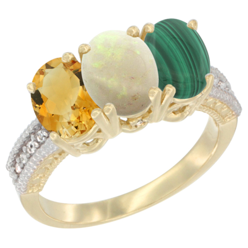 14K Yellow Gold Natural Citrine, Opal & Malachite Ring 3-Stone 7x5 mm Oval Diamond Accent, sizes 5 - 10