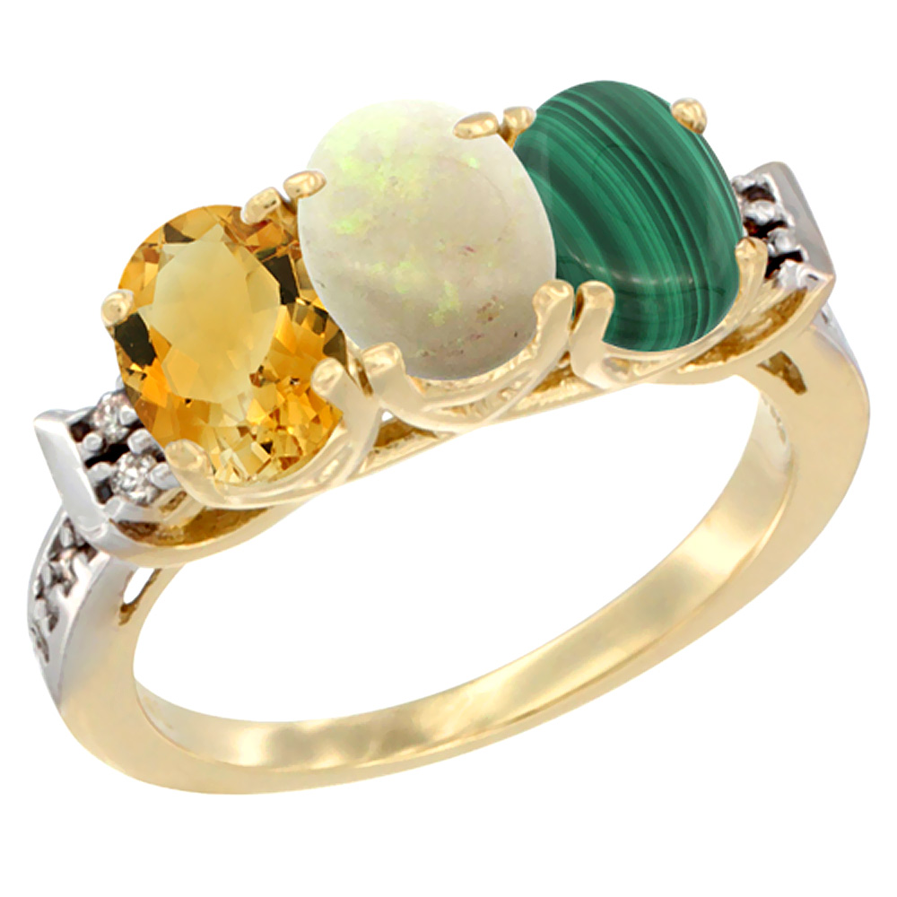 14K Yellow Gold Natural Citrine, Opal & Malachite Ring 3-Stone 7x5 mm Oval Diamond Accent, sizes 5 - 10