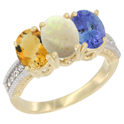 14K Yellow Gold Natural Citrine, Opal & Tanzanite Ring 3-Stone 7x5 mm Oval Diamond Accent, sizes 5 - 10