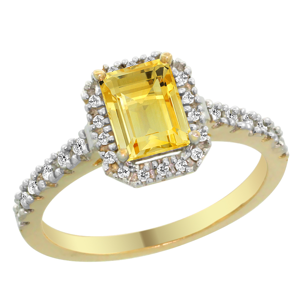 14K Yellow Gold Natural Citrine Engagement Ring Octagon 7x5 mm Diamond Accents, sizes 5 - 10