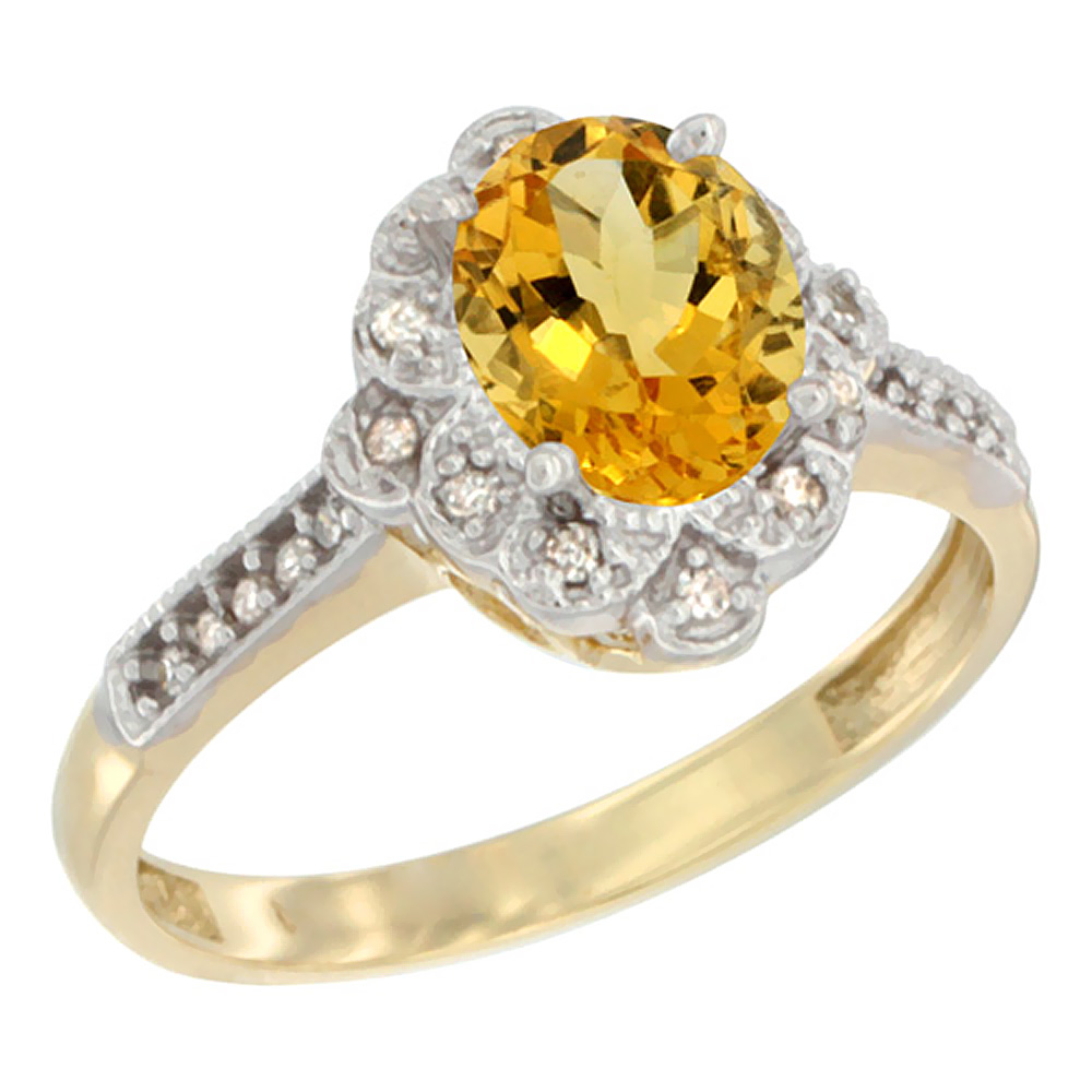 10K Yellow Gold Natural Citrine Ring Oval 8x6 mm Floral Diamond Halo, sizes 5 - 10