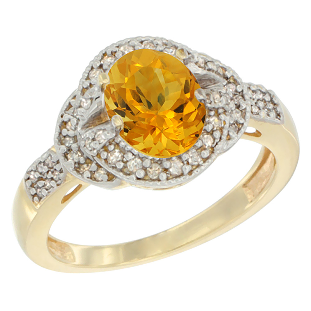 10K Yellow Gold Natural Citrine Ring Oval 8x6 mm Diamond Accent, sizes 5 - 10