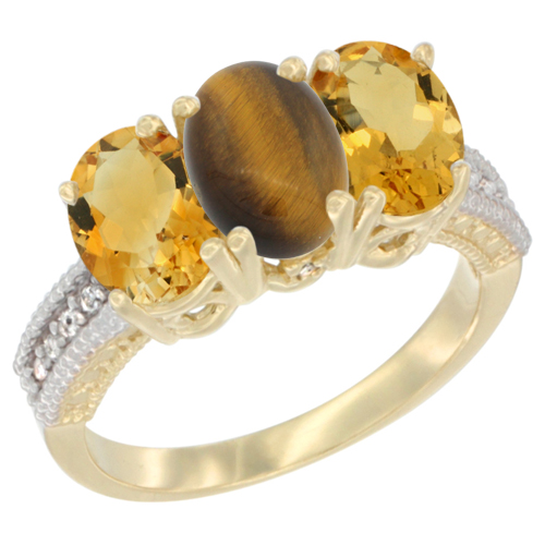 10K Yellow Gold Diamond Natural Tiger Eye & Citrine Ring 3-Stone 7x5 mm Oval, sizes 5 - 10