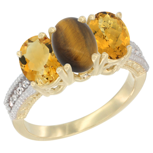 10K Yellow Gold Diamond Natural Citrine, Tiger Eye & Whisky Quartz Ring 3-Stone 7x5 mm Oval, sizes 5 - 10