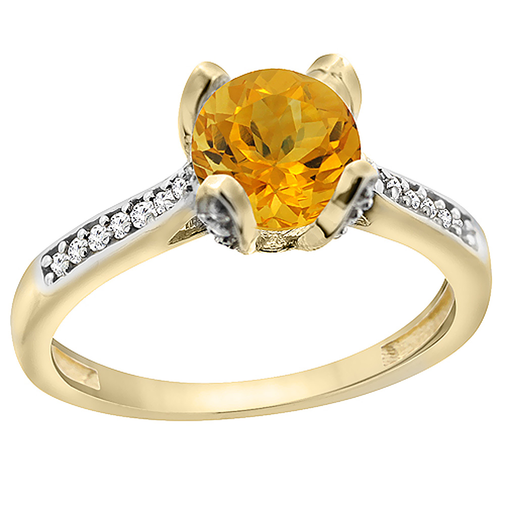 10K Yellow Gold Diamond Natural Citrine Engagement Ring Round 7mm, sizes 5 to 10 with half sizes