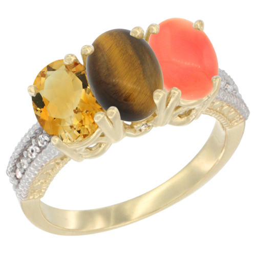 10K Yellow Gold Diamond Natural Citrine, Tiger Eye & Coral Ring 3-Stone 7x5 mm Oval, sizes 5 - 10