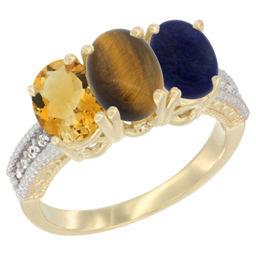 10K Yellow Gold Diamond Natural Citrine, Tiger Eye & Lapis Ring 3-Stone 7x5 mm Oval, sizes 5 - 10