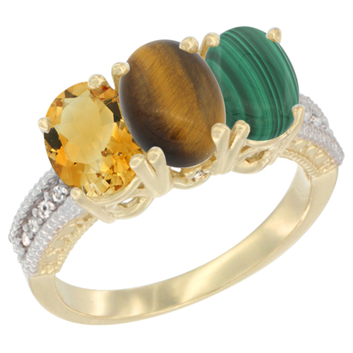 10K Yellow Gold Diamond Natural Citrine, Tiger Eye & Malachite Ring 3-Stone 7x5 mm Oval, sizes 5 - 10