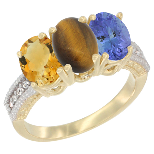 10K Yellow Gold Diamond Natural Citrine, Tiger Eye & Tanzanite Ring 3-Stone 7x5 mm Oval, sizes 5 - 10