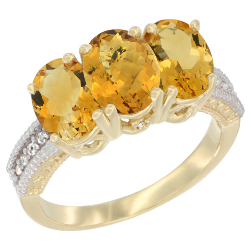 14K Yellow Gold Natural Whisky Quartz & Citrine Sides Ring 3-Stone 7x5 mm Oval Diamond Accent, sizes 5 - 10