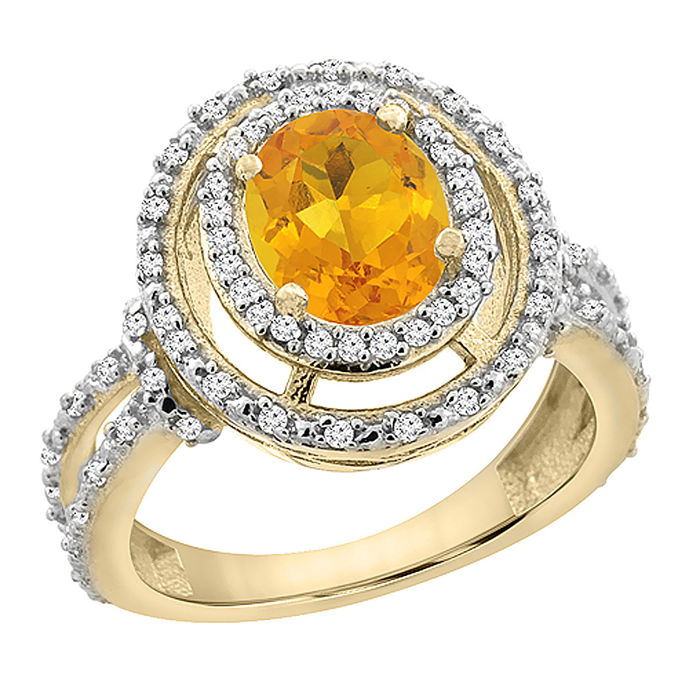 10K Yellow Gold Natural Citrine Ring Oval 8x6 mm Double Halo Diamond, sizes 5 - 10