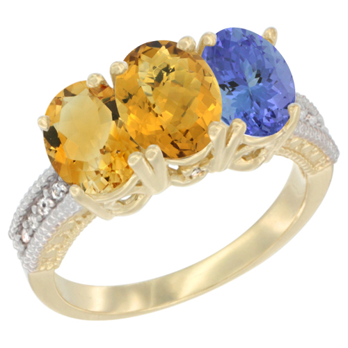 14K Yellow Gold Natural Citrine, Whisky Quartz & Tanzanite Ring 3-Stone 7x5 mm Oval Diamond Accent, sizes 5 - 10