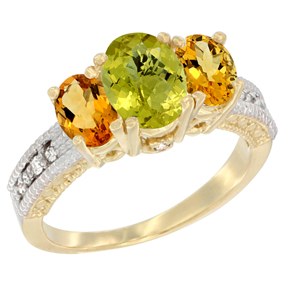 10K Yellow Gold Diamond Natural Lemon Quartz Ring Oval 3-stone with Citrine, sizes 5 - 10