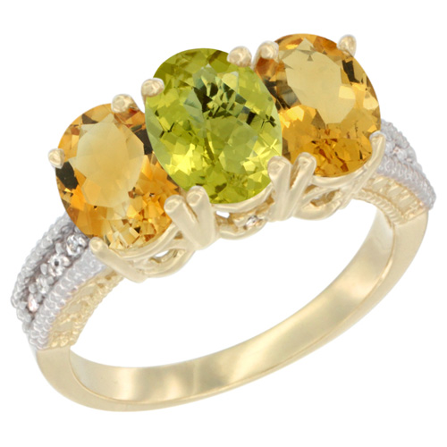 10K Yellow Gold Diamond Natural Lemon Quartz & Citrine Ring 3-Stone 7x5 mm Oval, sizes 5 - 10