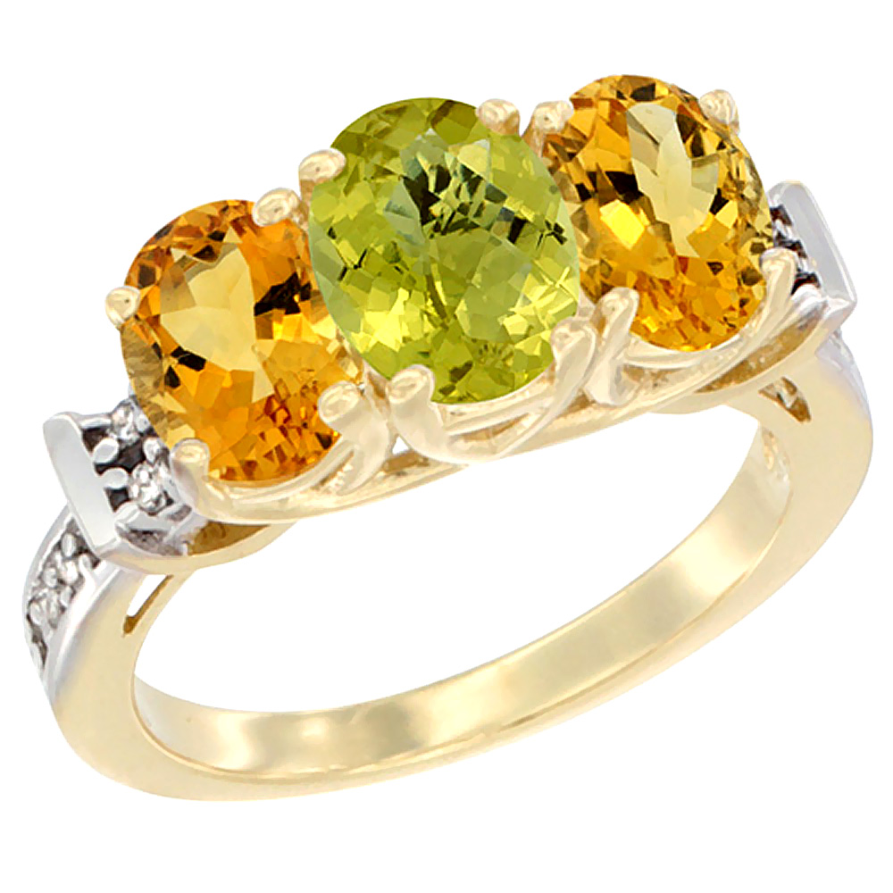 10K Yellow Gold Natural Lemon Quartz & Citrine Sides Ring 3-Stone Oval Diamond Accent, sizes 5 - 10