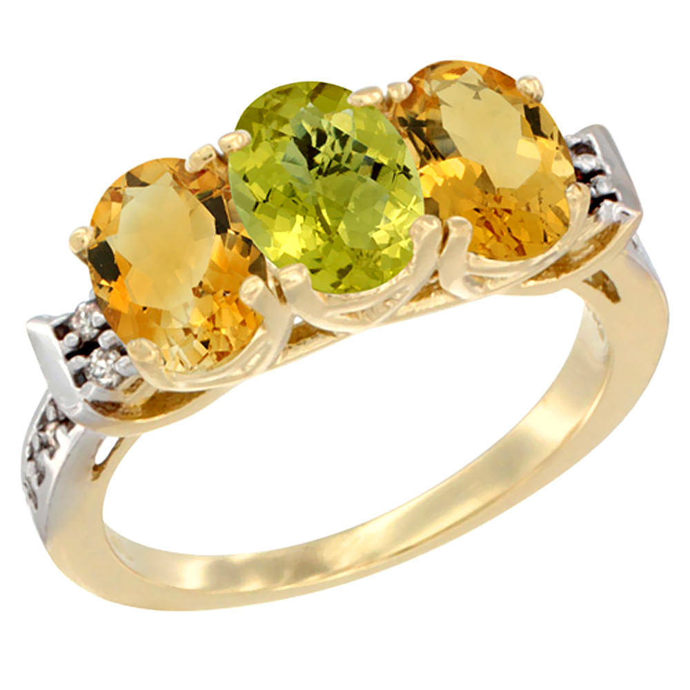 10K Yellow Gold Natural Lemon Quartz & Citrine Sides Ring 3-Stone Oval 7x5 mm Diamond Accent, sizes 5 - 10