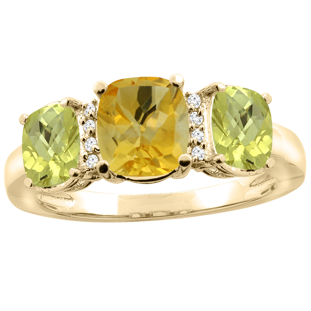10K Yellow Gold Natural Citrine & Lemon Quartz 3-stone Ring Cushion 8x6mm Diamond Accent, sizes 5 - 10