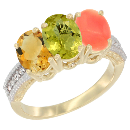10K Yellow Gold Diamond Natural Citrine, Lemon Quartz & Coral Ring 3-Stone 7x5 mm Oval, sizes 5 - 10