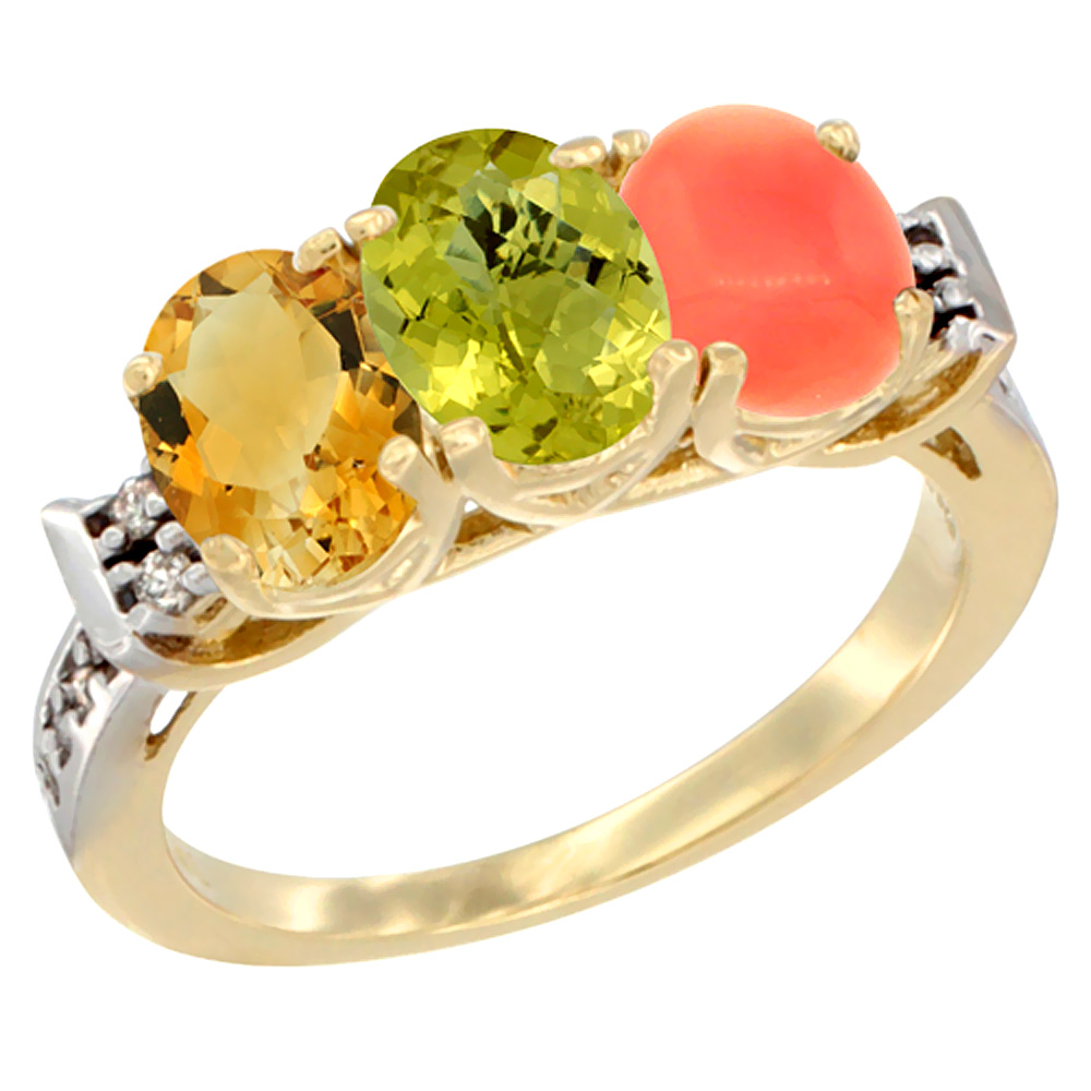 10K Yellow Gold Natural Citrine, Lemon Quartz & Coral Ring 3-Stone Oval 7x5 mm Diamond Accent, sizes 5 - 10