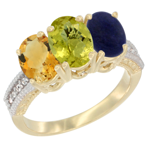 10K Yellow Gold Diamond Natural Citrine, Lemon Quartz & Lapis Ring 3-Stone 7x5 mm Oval, sizes 5 - 10