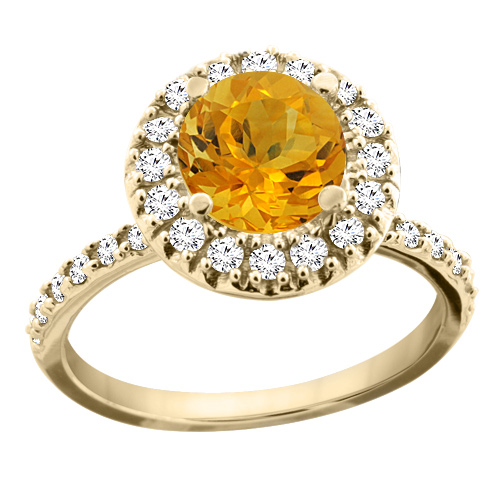 10K Yellow Gold Natural Citrine Ring Round 8mm Floating Halo Diamond, sizes 5 - 10