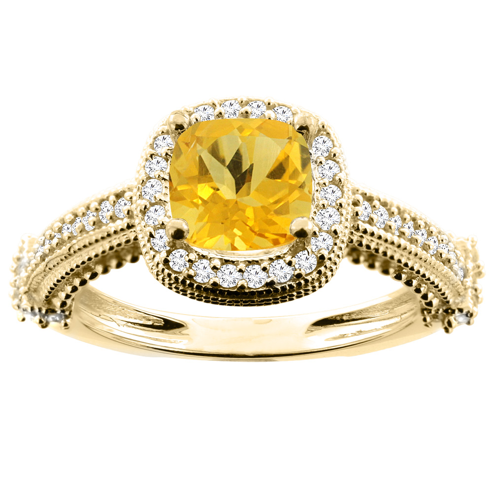 10K White/Yellow/Rose Gold Natural Citrine Ring Cushion 7x7mm Diamond Accent, size 5