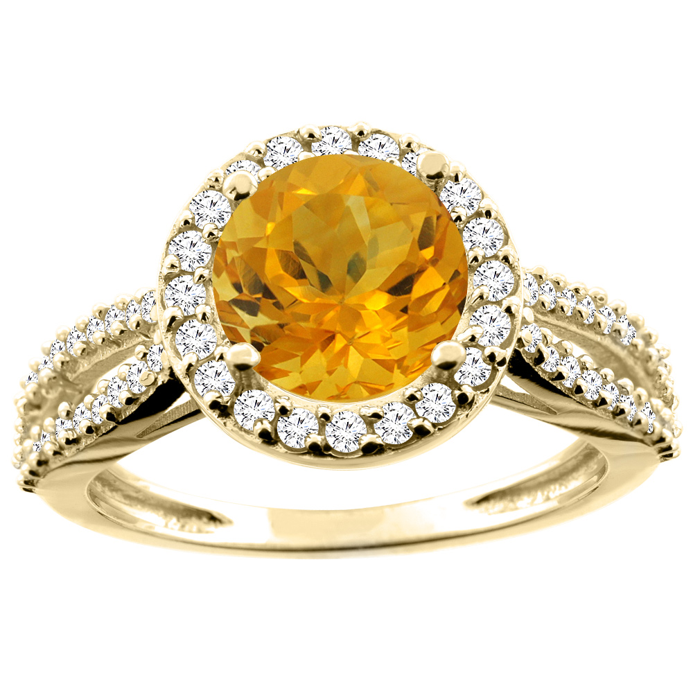 10K White/Yellow/Rose Gold Natural Citrine Ring Round 8mm Diamond Accent, sizes 5 - 10