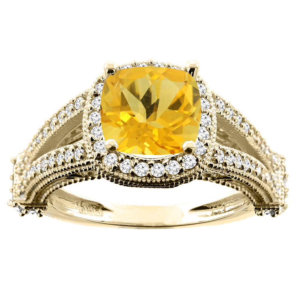 10K White/Yellow/Rose Gold Natural Citrine Split Shank Ring Cushion 7x7mm Diamond Accent, sizes 5 - 10
